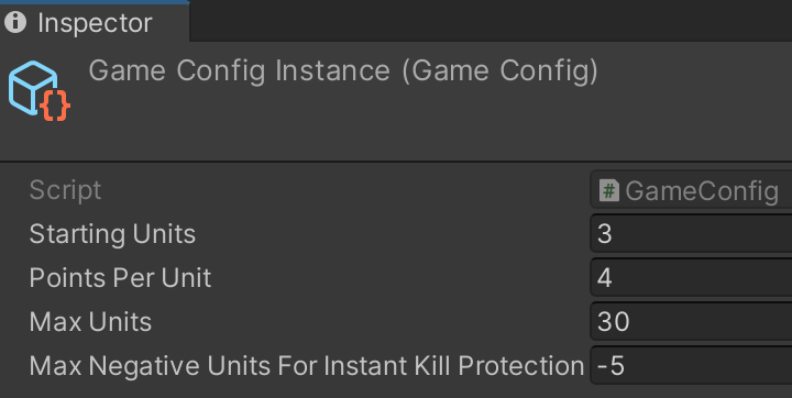Game Config Instance via the Inspector window