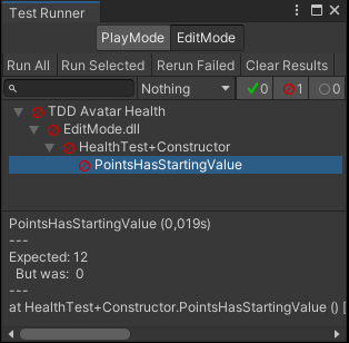 The test runner after first test fail